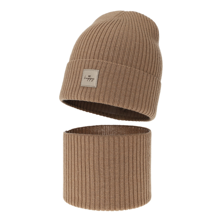 Őszi, tavaszi szett lányoknak: sapka és sál, teve, 100% gyapjú merinó Vanita