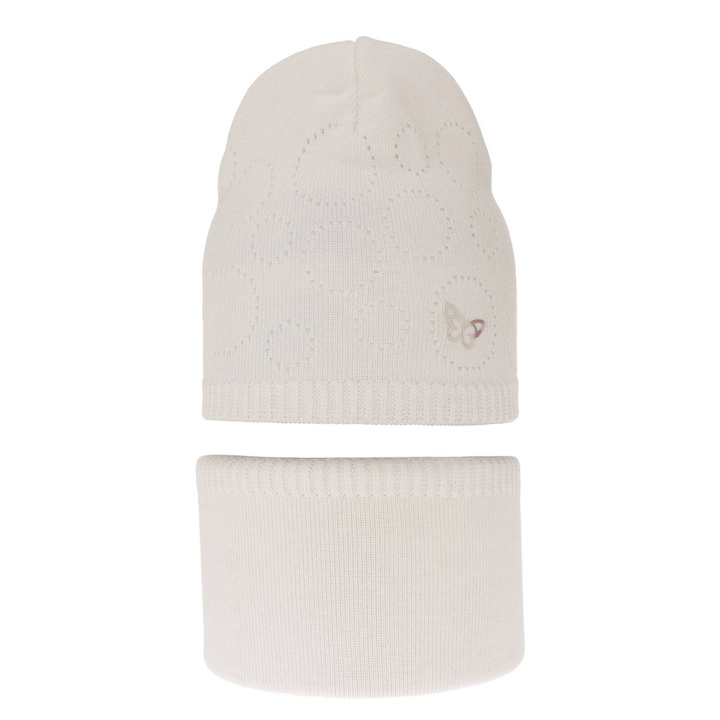 Őszi/tavaszi készlet lányoknak: sapka és nyakmelegítő, pamuttal, krémszínű Amarilla